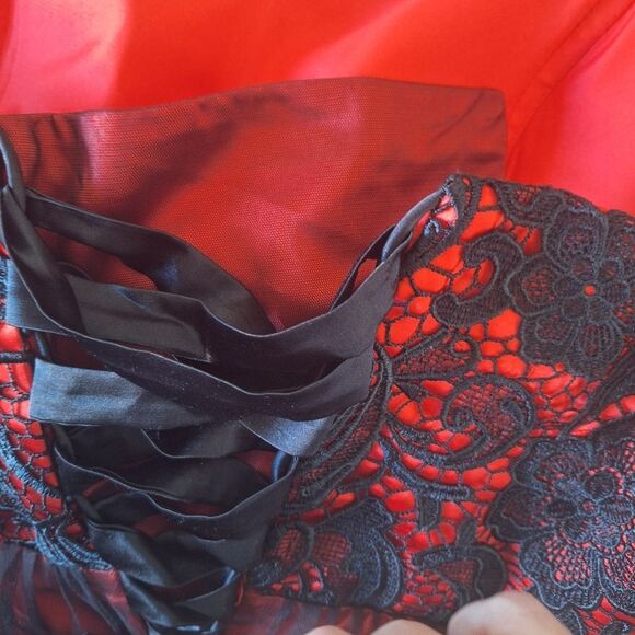 Whimsigoth Strapless Gown Corset Bridal Red & Black Lace Netting 20 / 22 - Picture 8 of 16